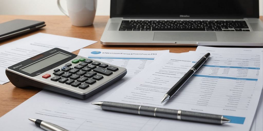 Organized desk with financial documents and a laptop.