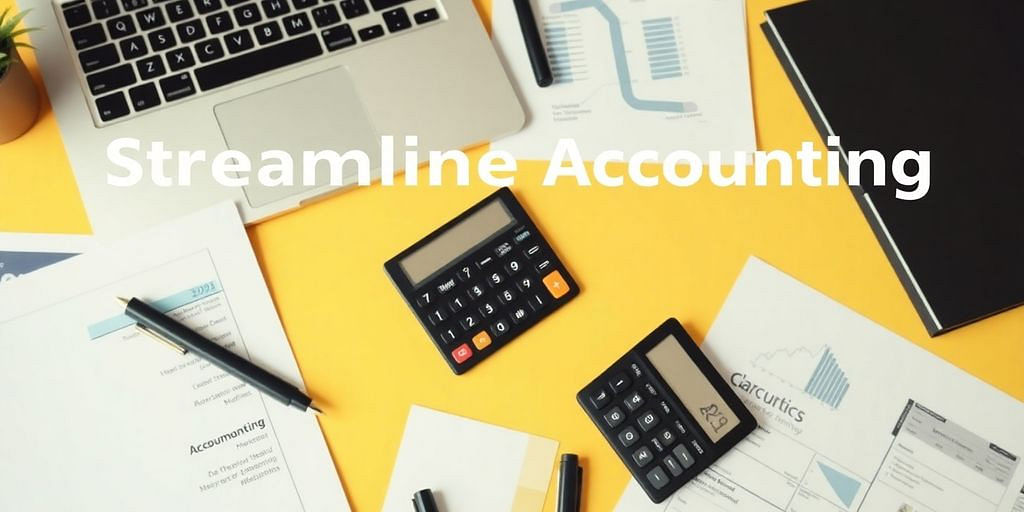 Organized workspace with laptop and accounting tools.