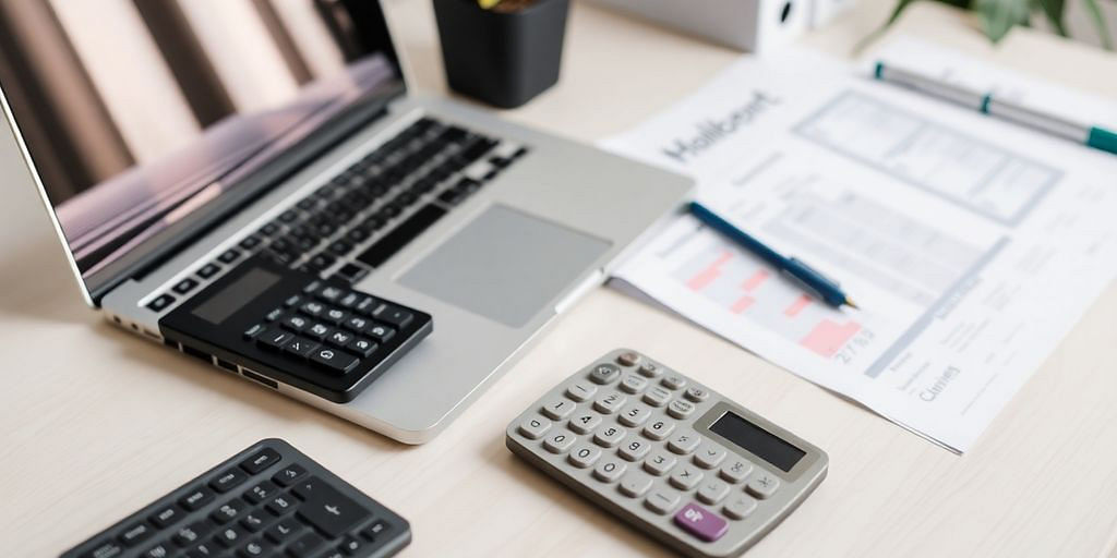 Workspace with laptop, calculator, and financial documents.