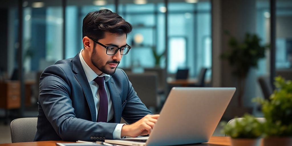 Business professional analyzing financial data in a modern office.