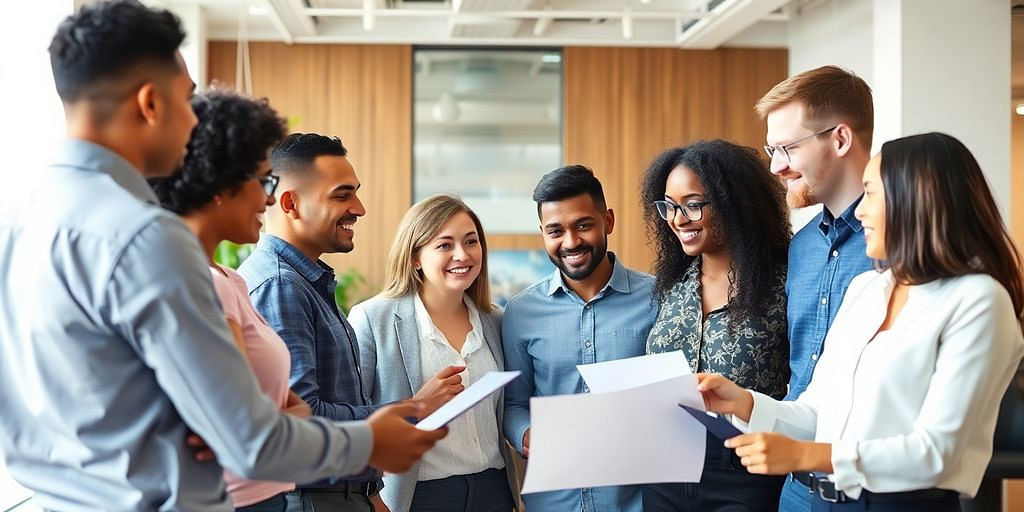 Diverse team collaborating in a modern office setting.