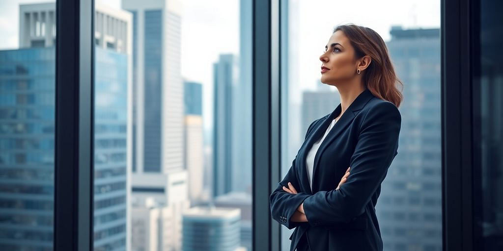Confident female executive in modern office setting.