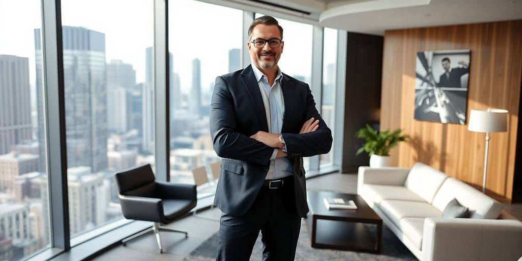 CEO in office overlooking city skyline, embodying leadership.