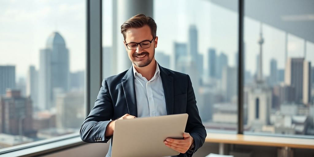 Business leader analyzing financial data in modern office.