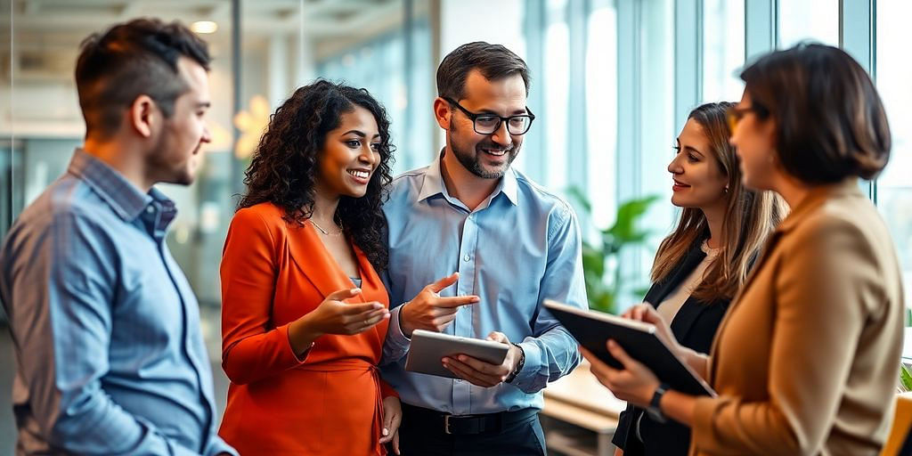 CFO consulting with a diverse team in a modern office.