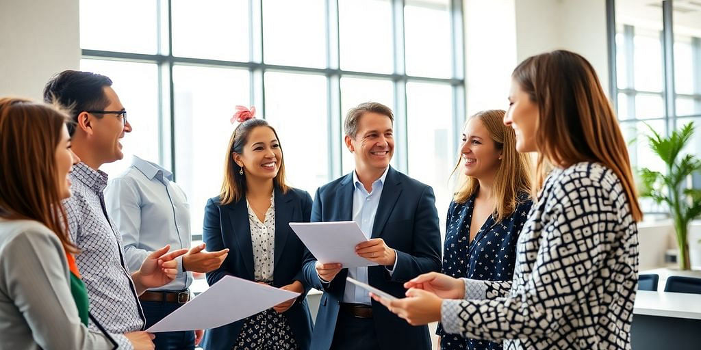 Happy consultants collaborating in a bright office environment.