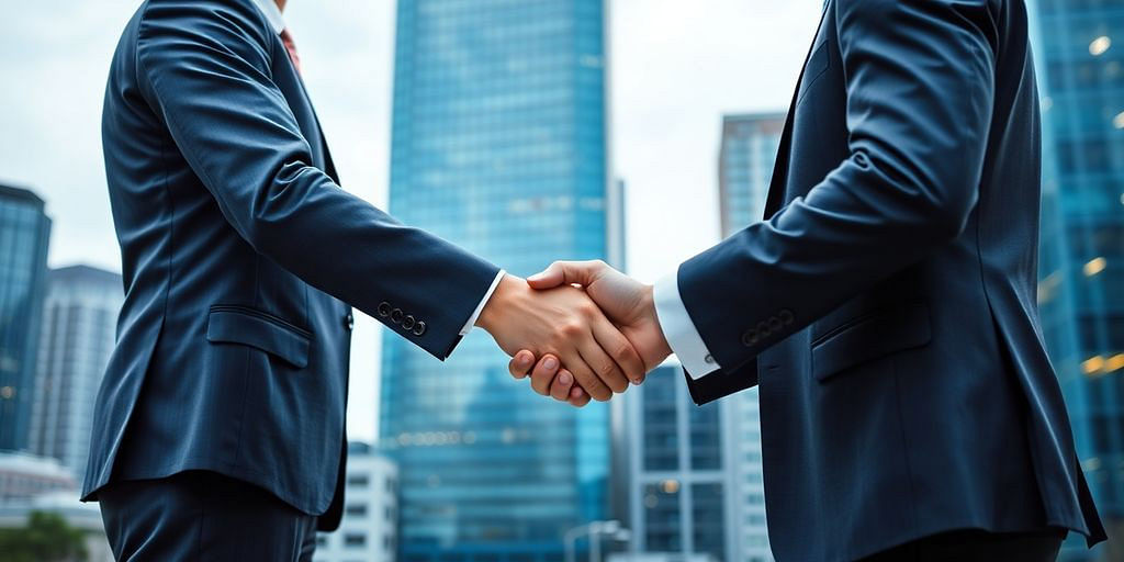 Business executives shaking hands in a corporate setting.