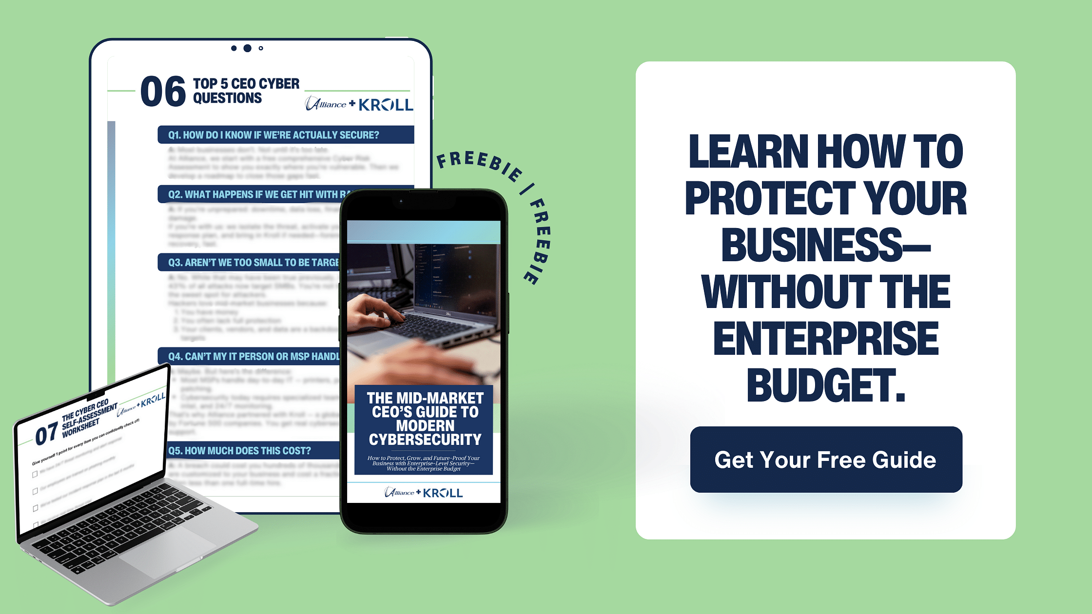 Promotional image for the Mid-Market CEO’s Guide to Modern Cybersecurity. Includes screenshots of the guide on a phone, tablet, and laptop. Text reads: \