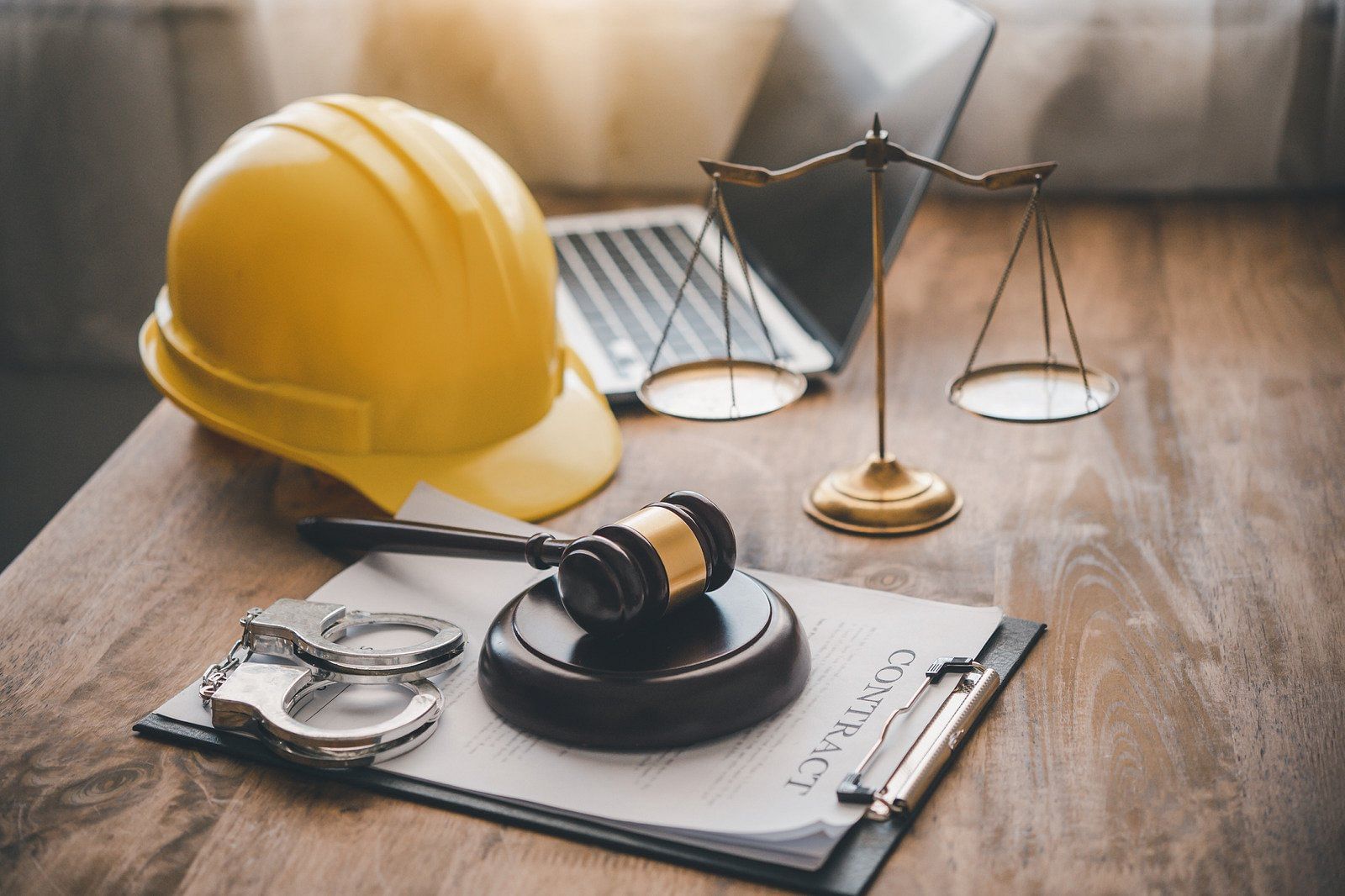 gavel next to a construction helmet