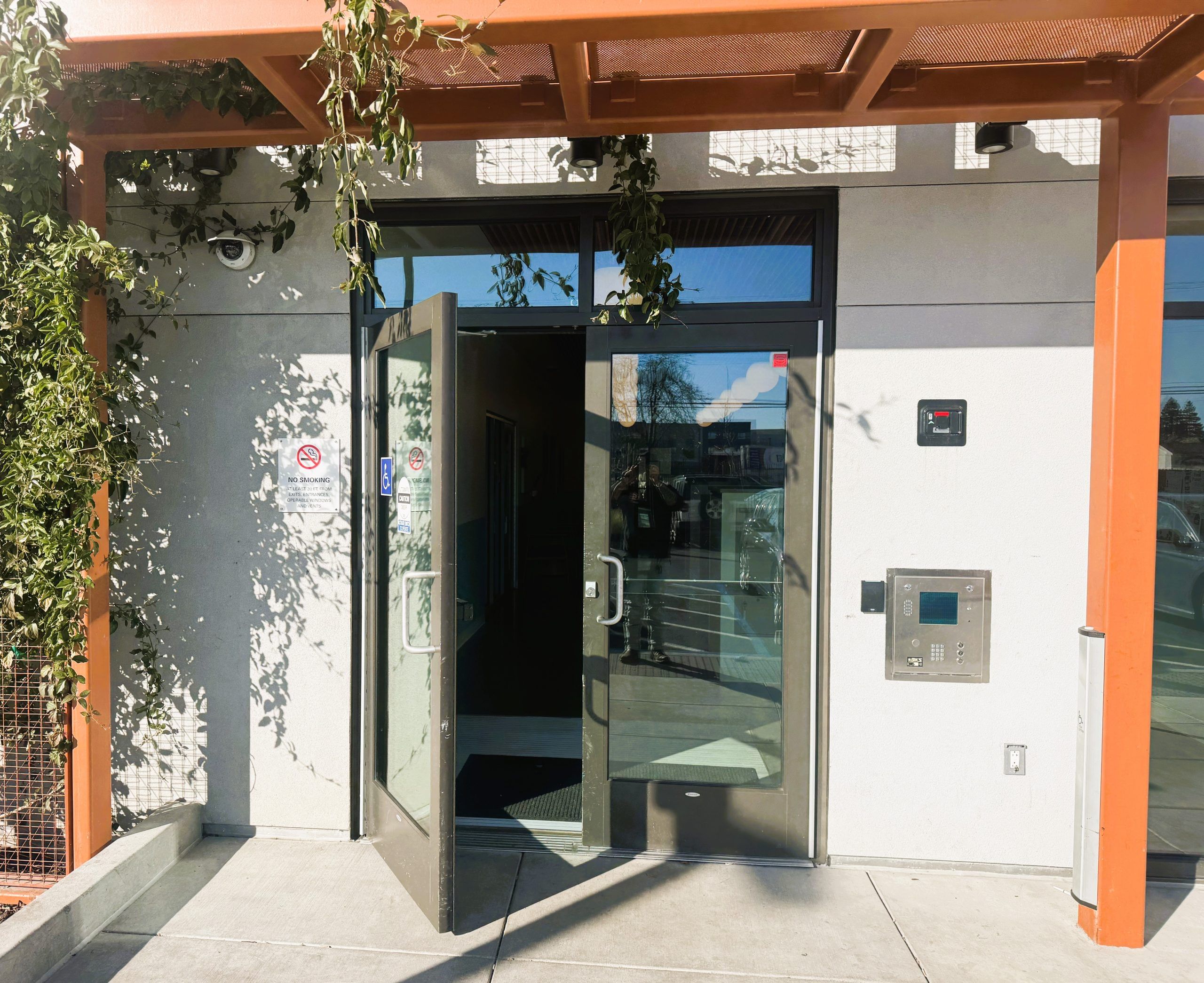 grey building with orange trim