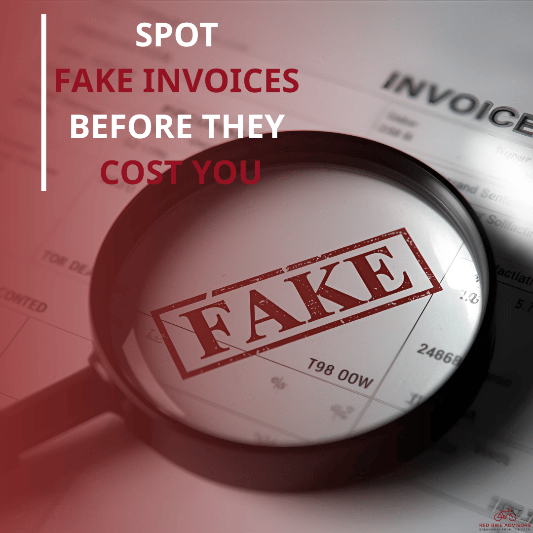 Magnifying glass highlighting the word FAKE stamped on an invoice with text overlay that reads Spot fake invoices before they cost you