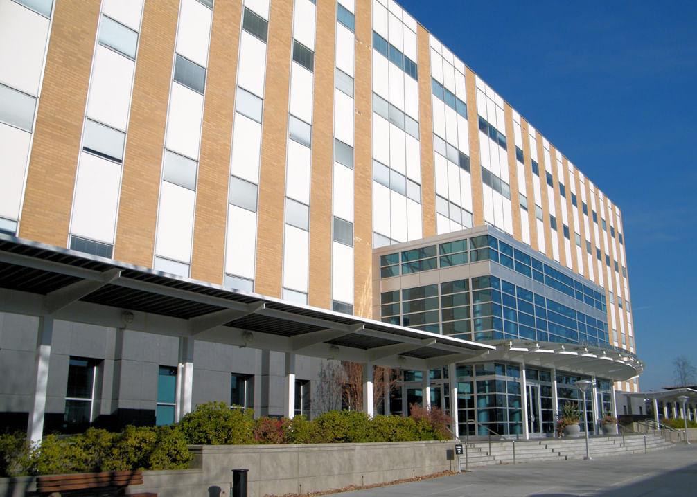 grey building with orange trim