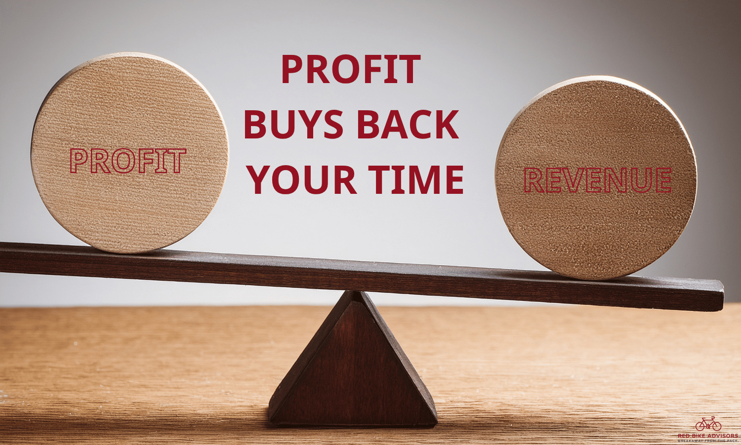 Profit and revenue blocks balanced on a scale with text Profit Buys Back Your Time