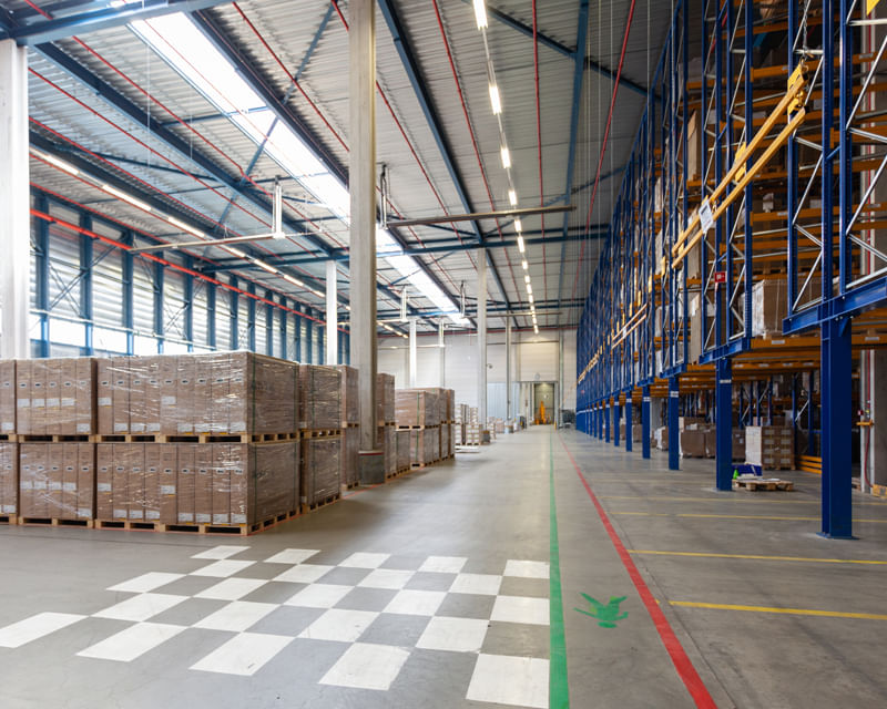 Clean, organized warehouse with pallets and shelving kept pest-free through routine monitoring Clean, organized warehouse with pallets and shelving kept pest-free through routine monitoring