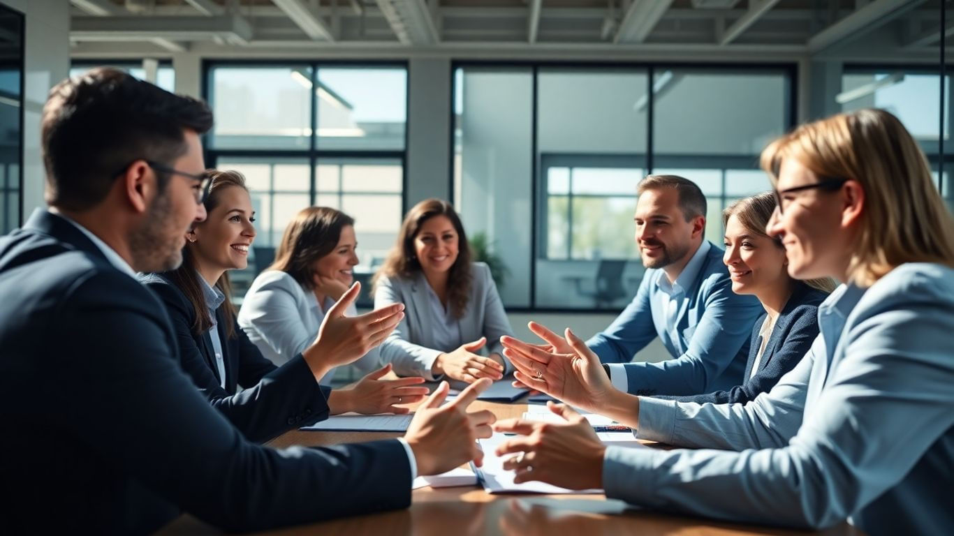 Business professionals collaborating in a modern office.
