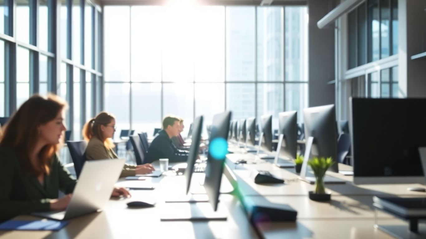 Modern office with people working and sunlight