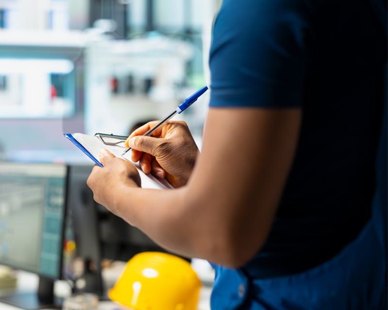 Technician performing a workplace inspection and documenting findings for a commercial pest control plan. Technician performing a workplace inspection and documenting findings for a commercial pest control plan.