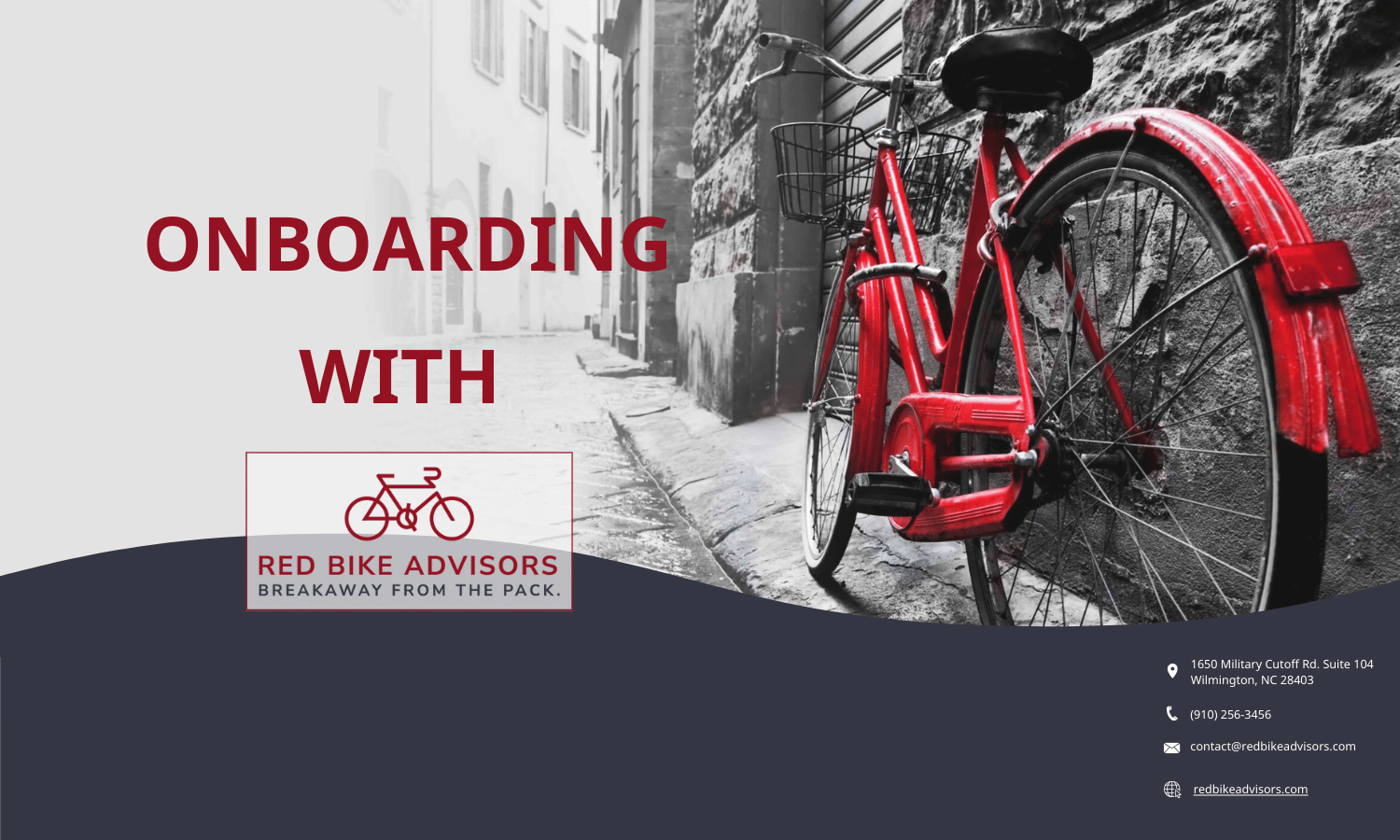 Red bicycle on a cobblestone street with the text “Onboarding with Red Bike Advisors” and the company’s logo and contact details