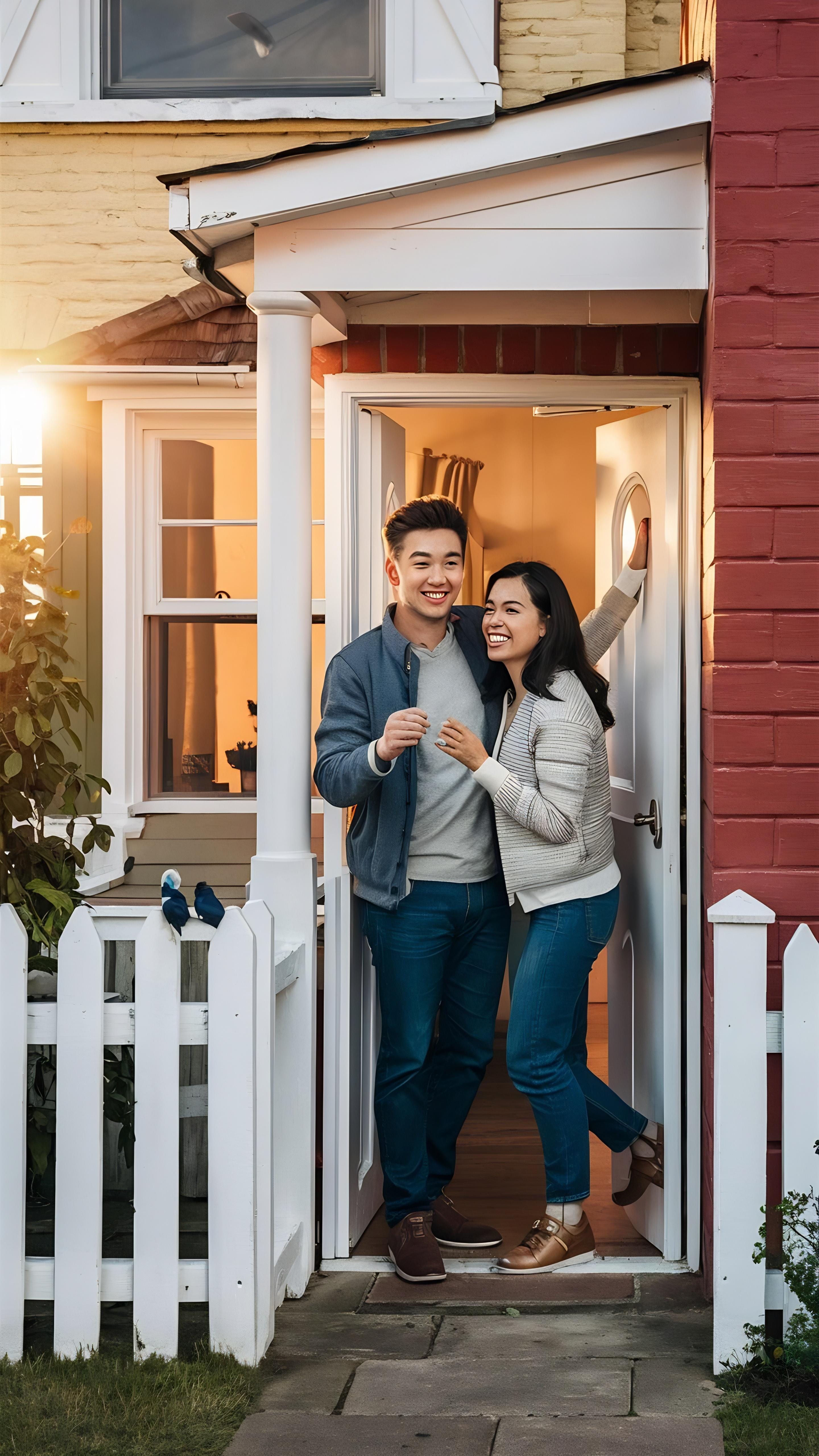 Smiling couple standing at the front door of their home, enjoying a safe and comfortable living space after pest control service. Smiling couple standing at the front door of their home, enjoying a safe and comfortable living space after pest control service.