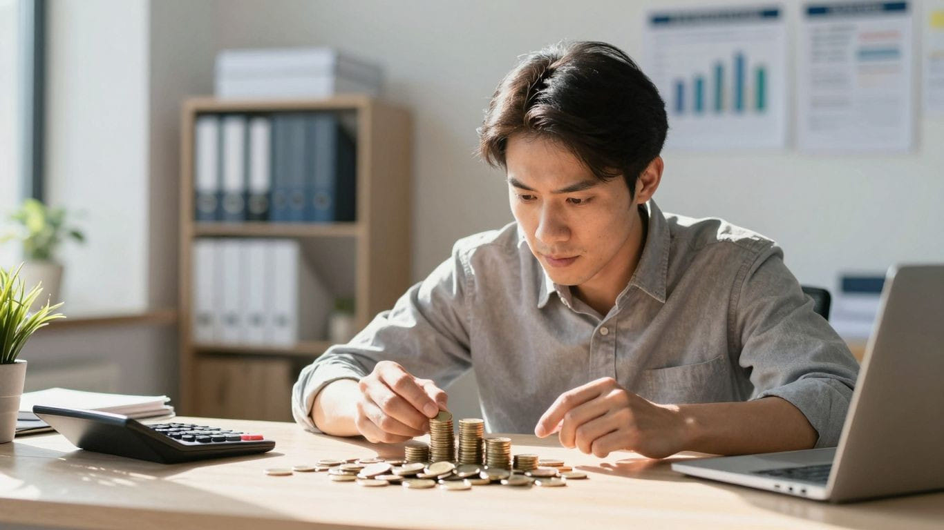 Small business owner calculating HR costs and ROI.