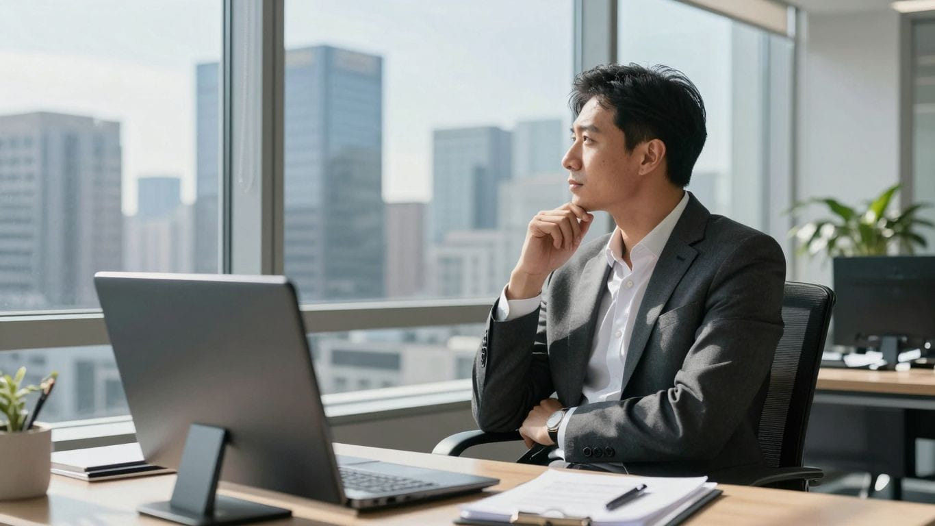 Business professional contemplating city view, symbolizing strategic growth.