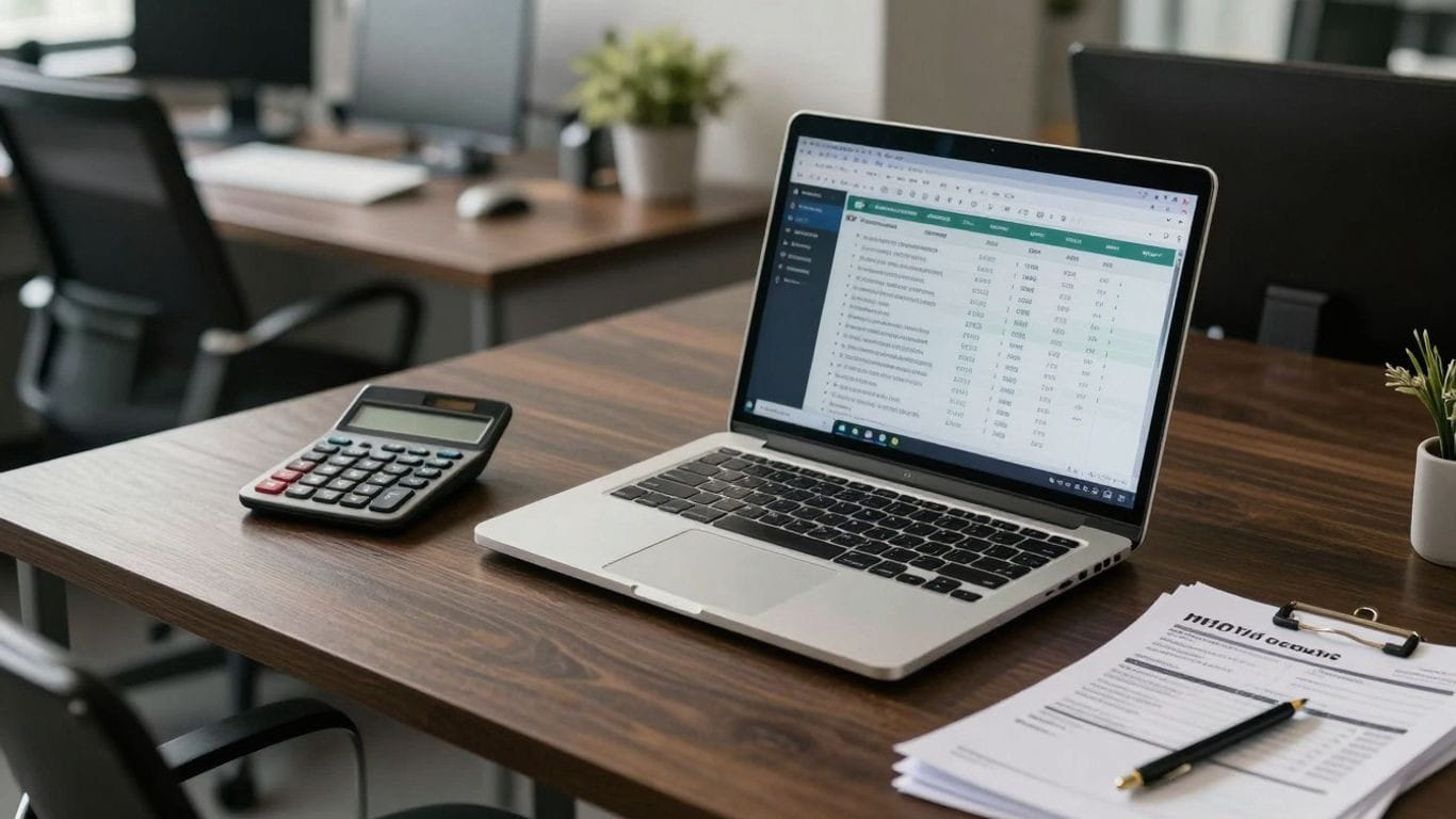 HVAC bookkeeping desk with laptop, calculator, and invoices.