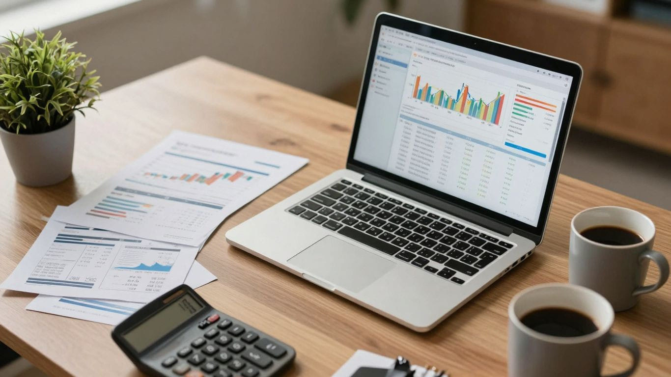 Service contractor's desk with financial documents and laptop.