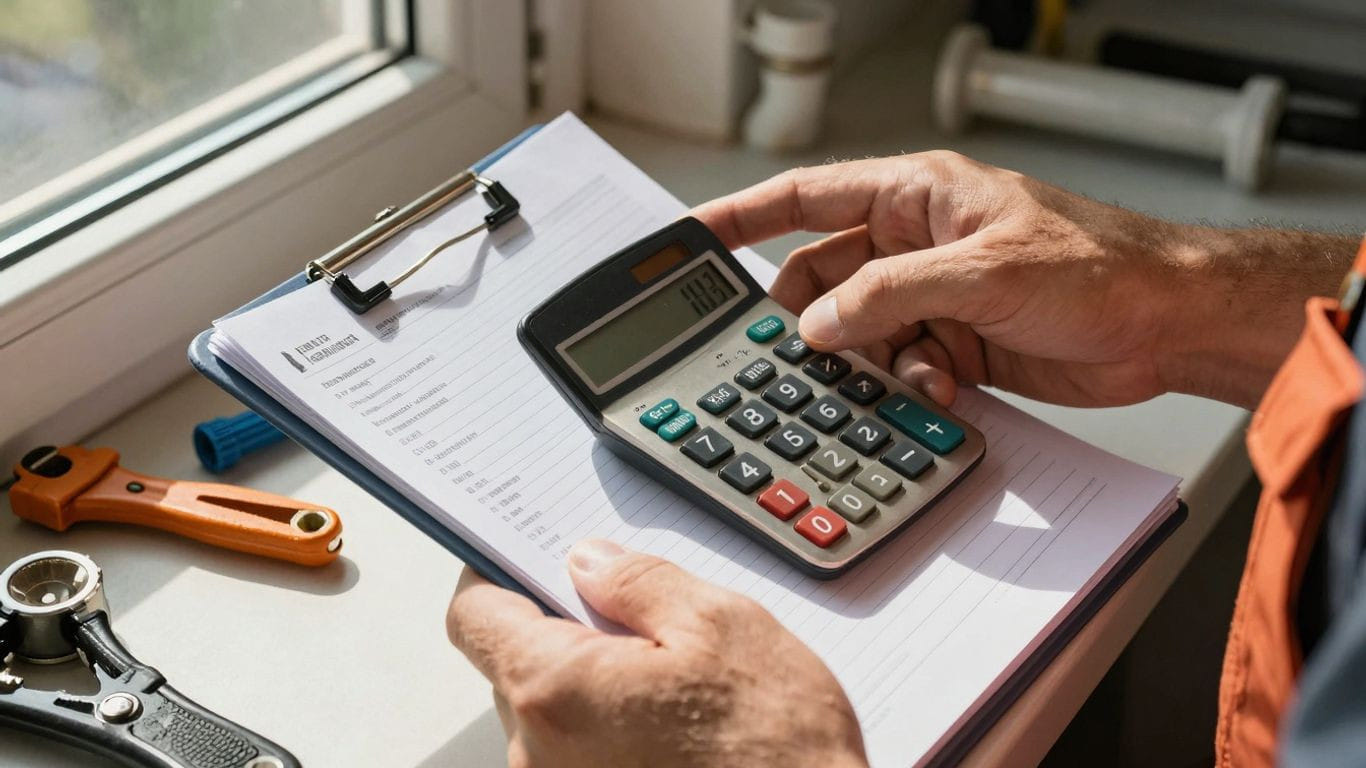 Plumber's hands with ledger and calculator.