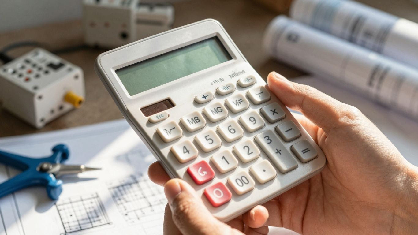 Electrician's tools and blueprint with calculator.