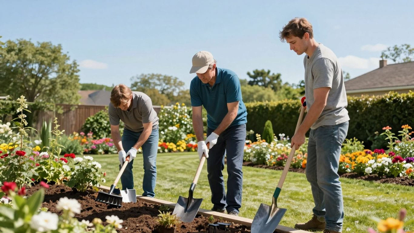 Landscaping crew working in a beautiful garden.