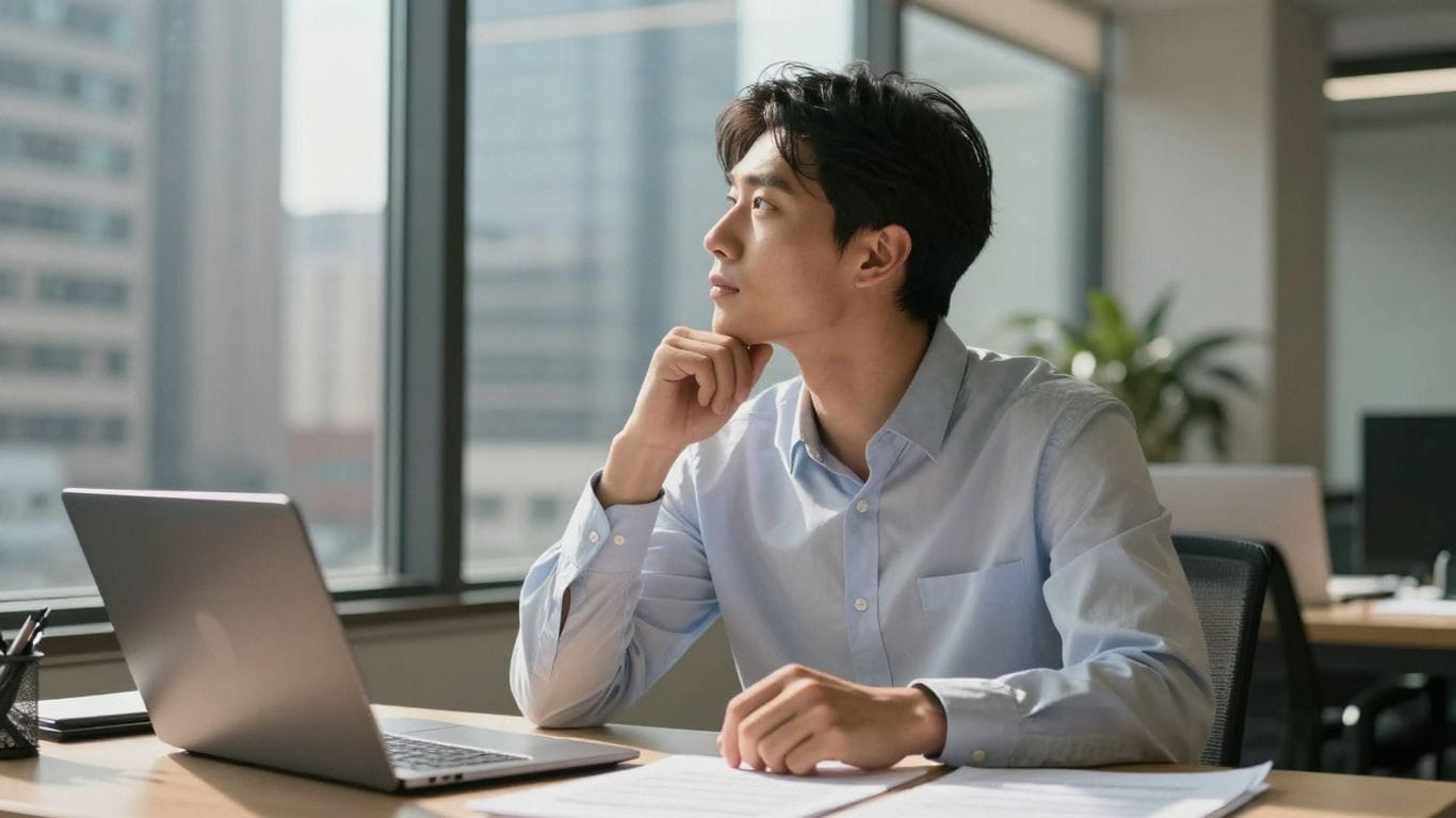 Business owner looking out office window at city