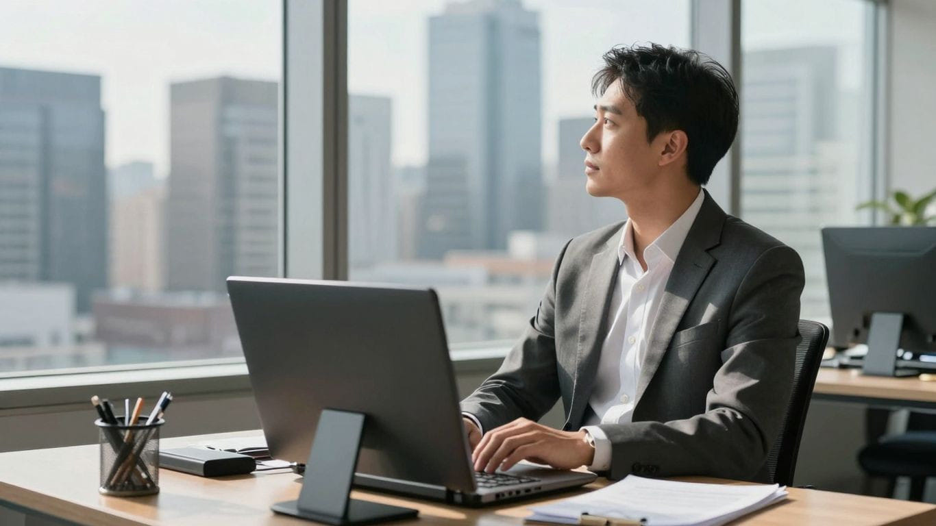 Business professional looking out office window at cityscape.