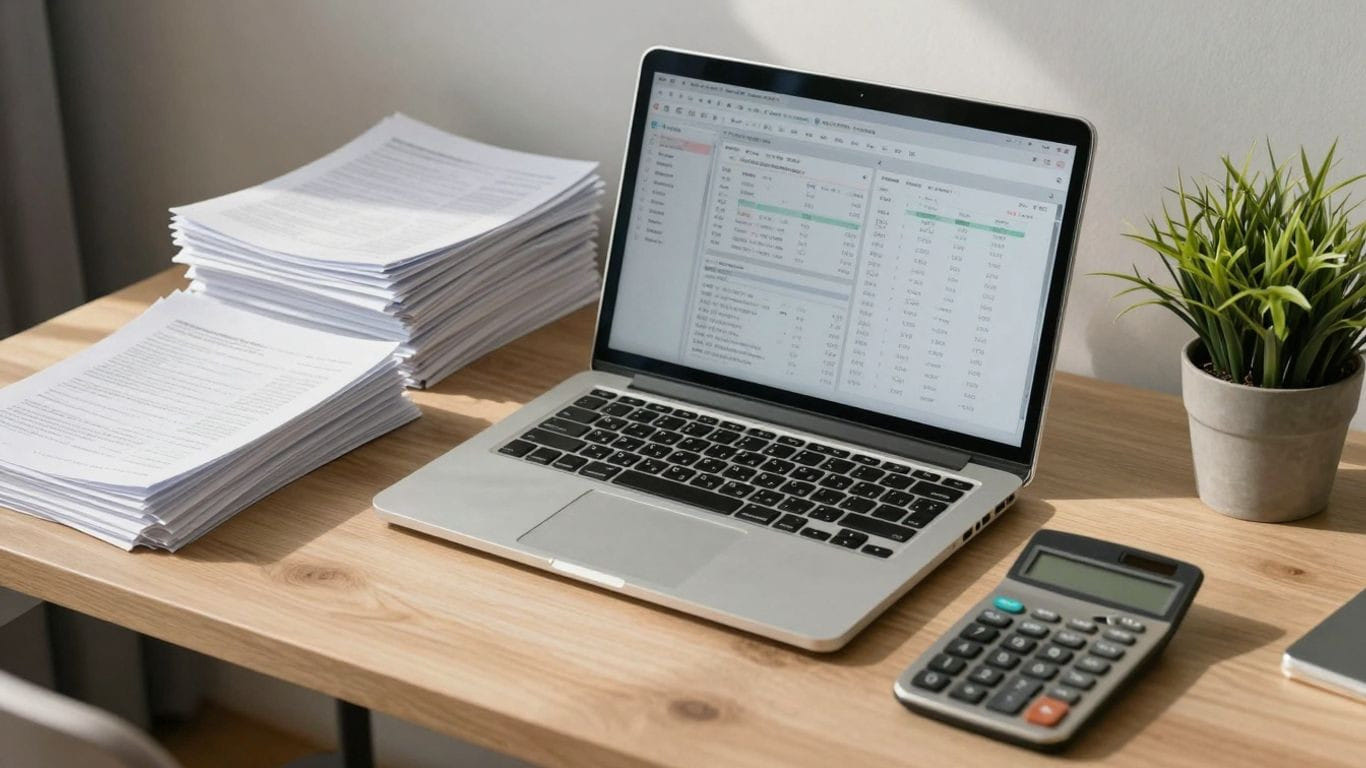 Organized desk with financial software and neat papers.