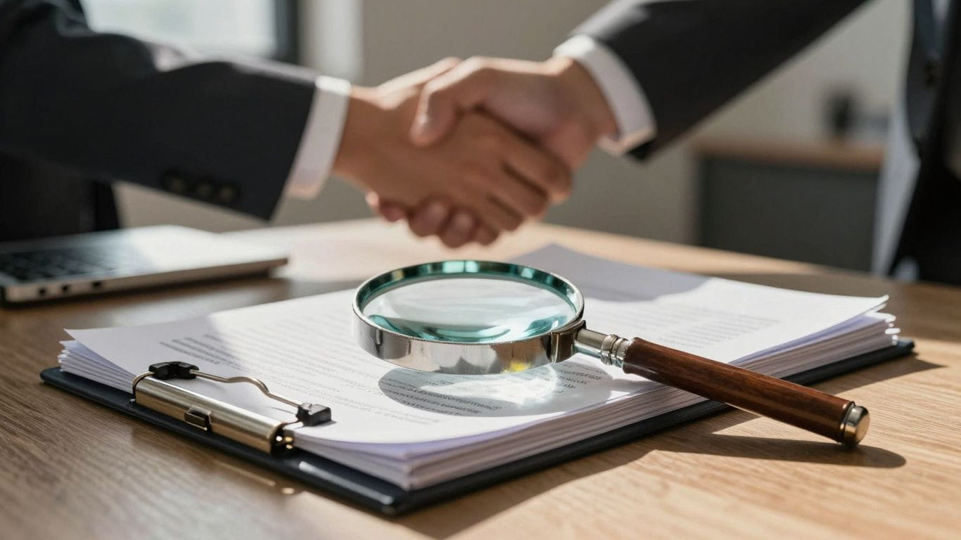 Business documents and handshake for due diligence.