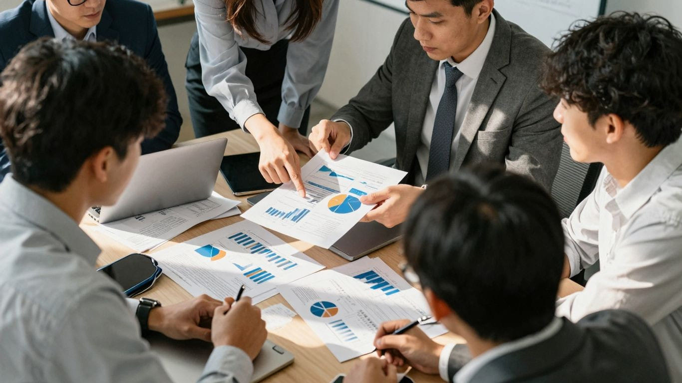 Team discussing financial growth strategies at a modern office table.