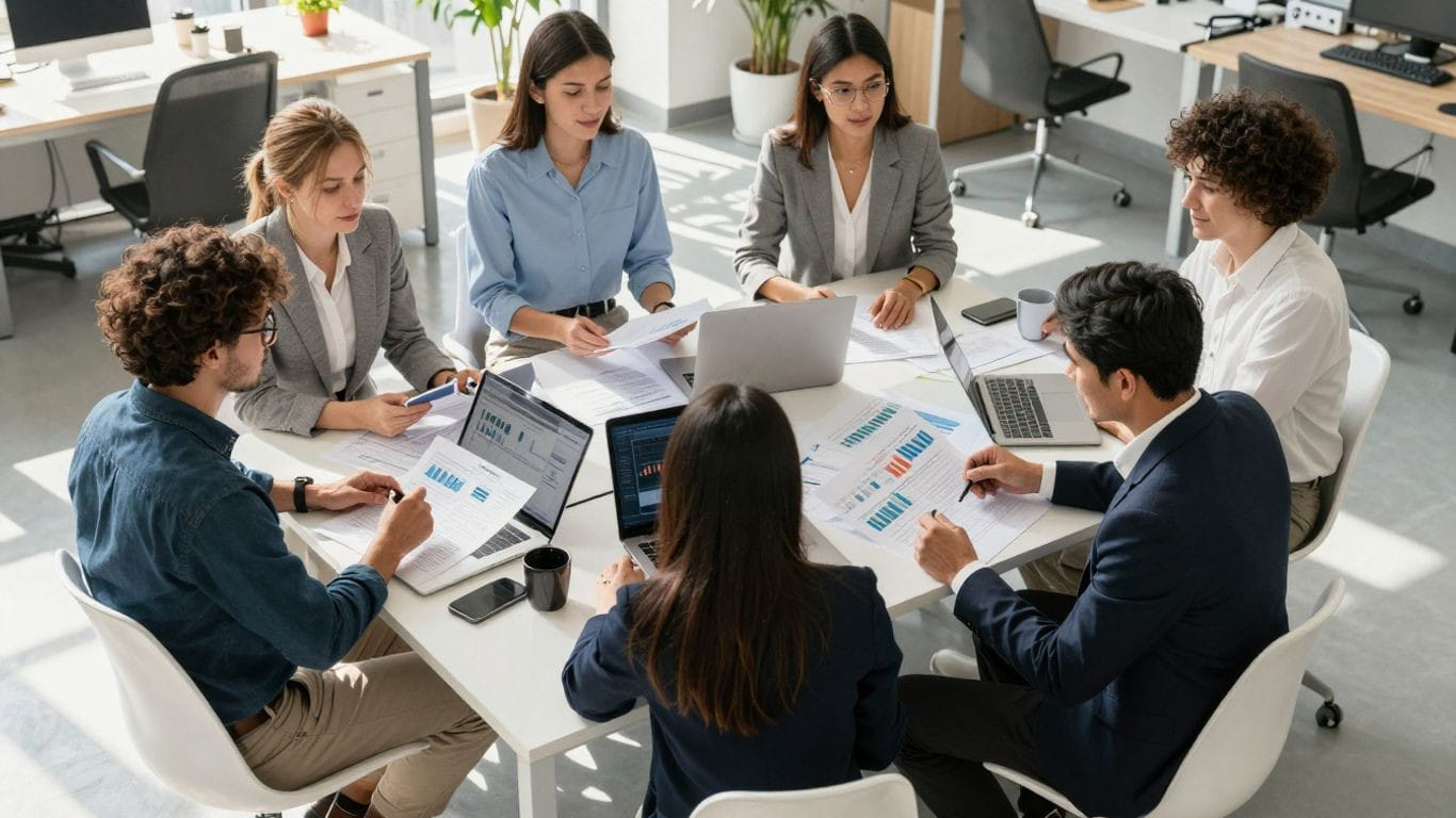Business professionals collaborating in a modern office.