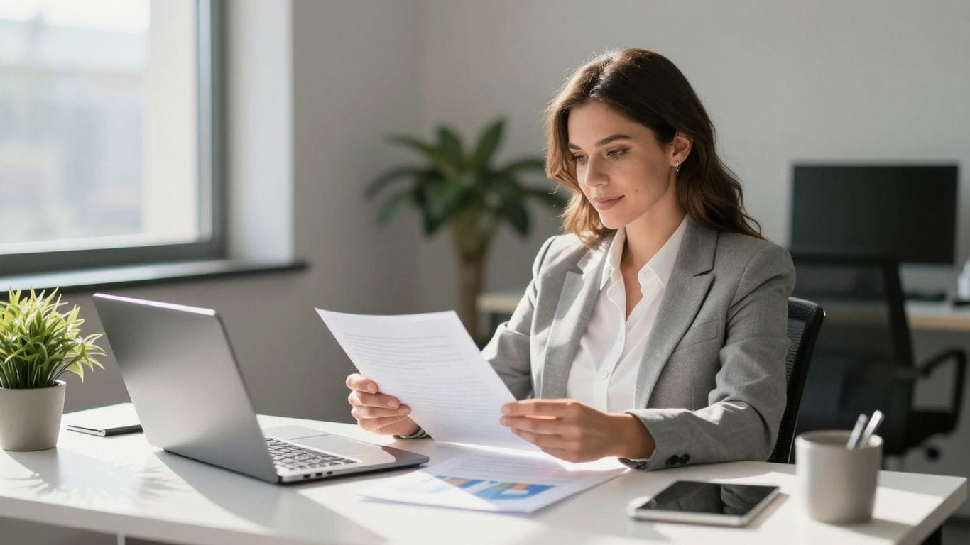 Woman calmly reviewing financial documents in a bright office.