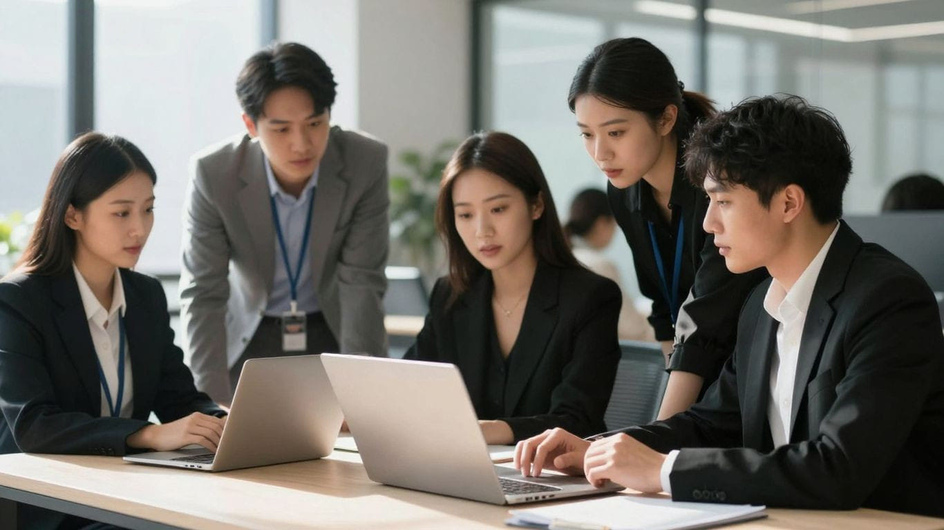 Business professionals collaborating in a bright, modern office setting.
