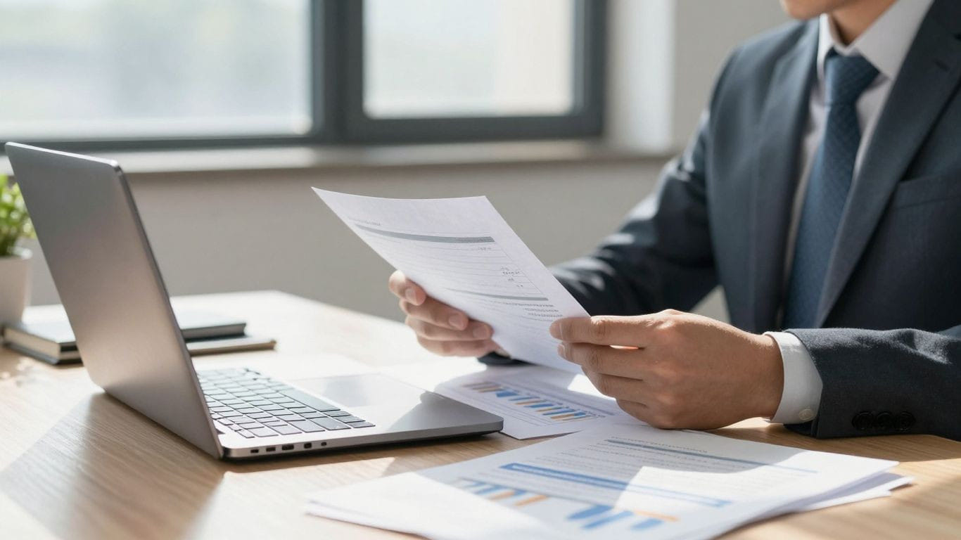 Professional reviewing financial documents in an office.