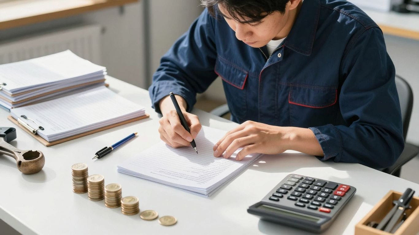 Plumber managing finances with tools and ledgers.