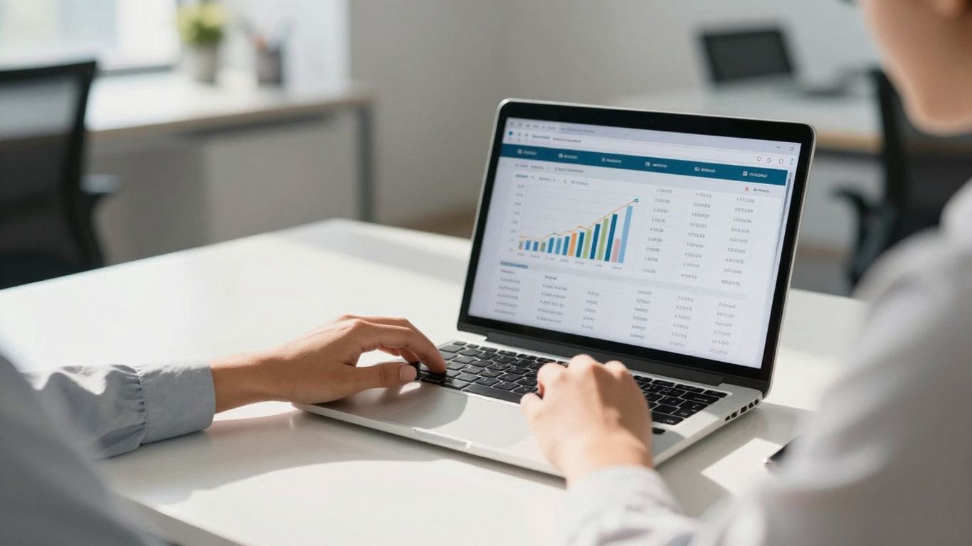 Hands on laptop with financial data on screen.