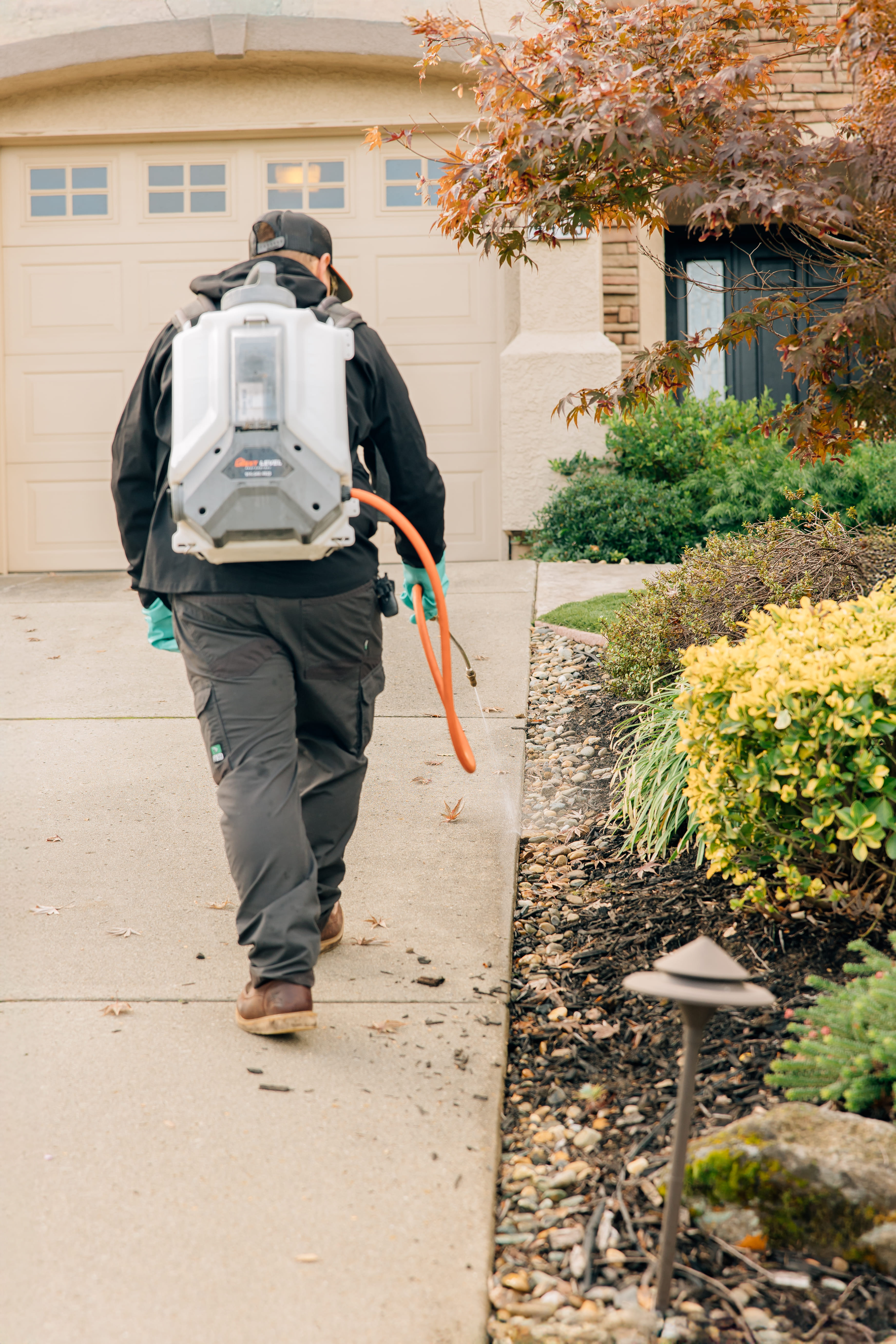 pest control technician walking toward residential home for exterior pest treatment service pest control technician walking toward residential home for exterior pest treatment service