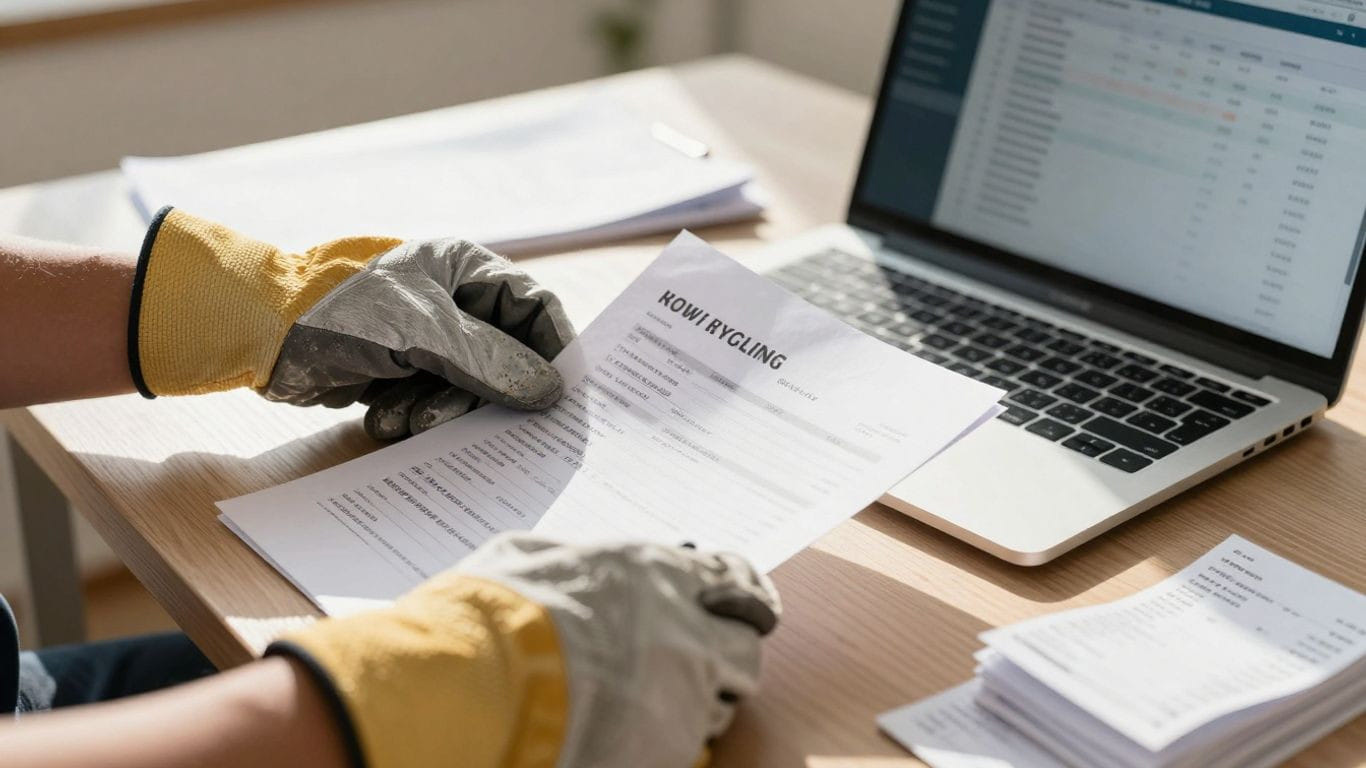 Roofer organizing financial documents and using bookkeeping software.