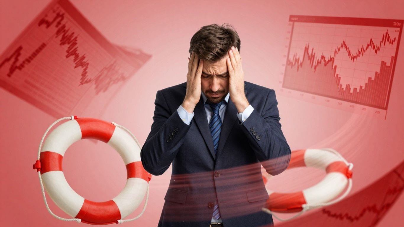 Business owner overwhelmed by financial problems, life preserver nearby.