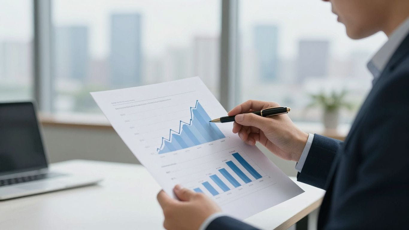 Business professional reviewing financial data for business exit strategy.