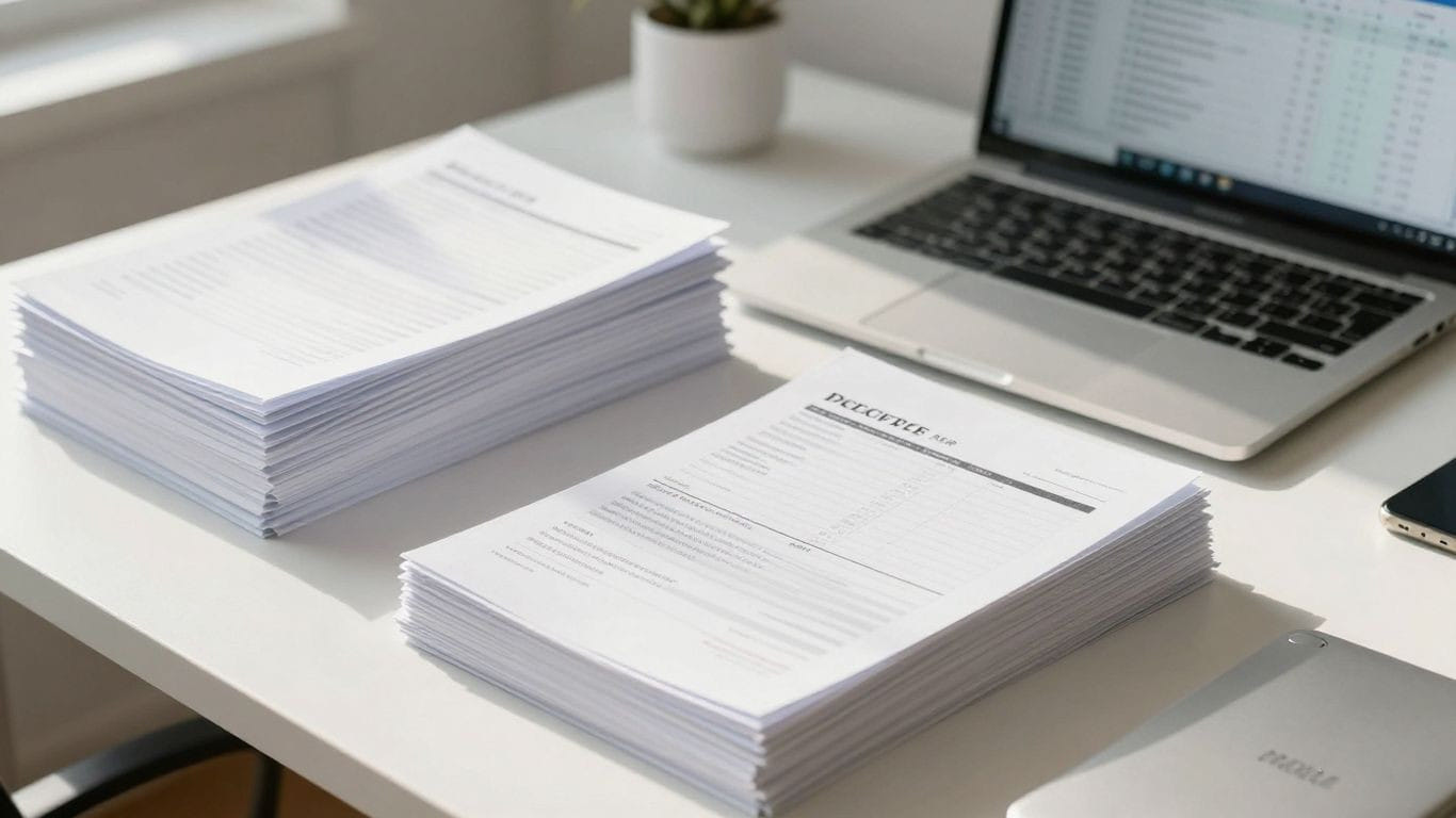 Organized desk with financial documents and laptop.