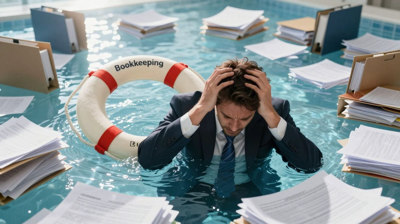 Business owner drowning in paperwork, saved by bookkeeping.