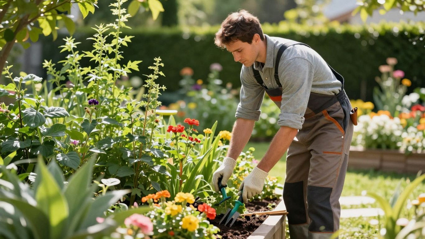 Landscaper tending to a vibrant, well-kept garden.