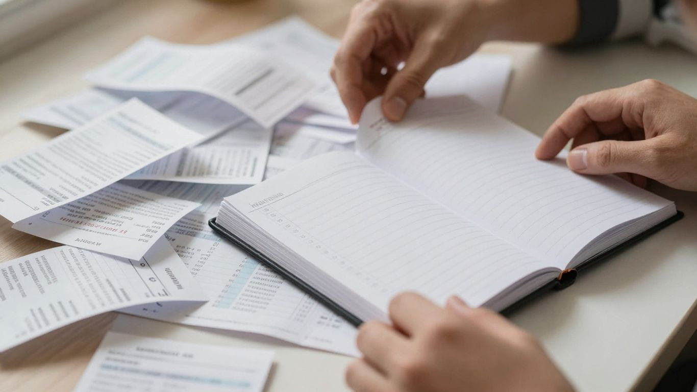 Tangled finances being organized into a neat ledger.