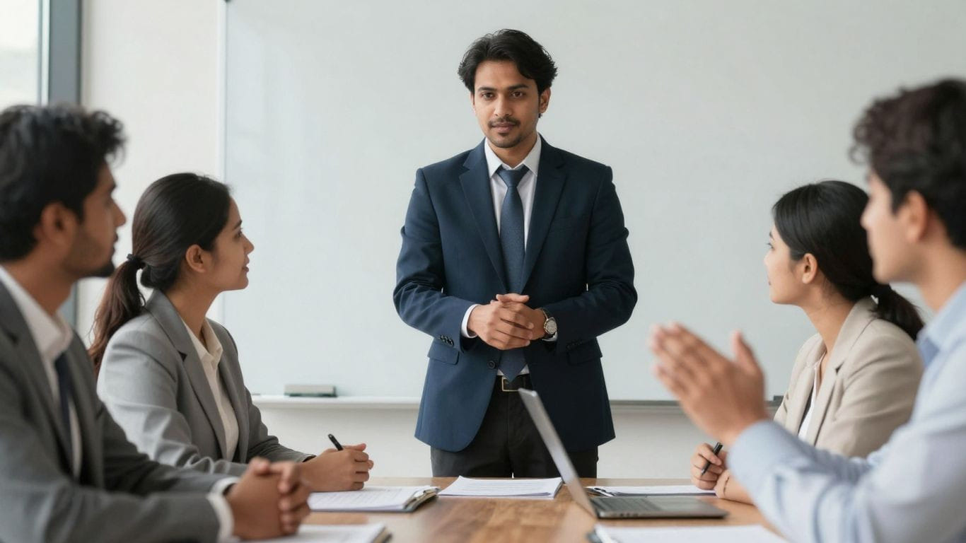 Business leader guiding team towards growth and strategy.